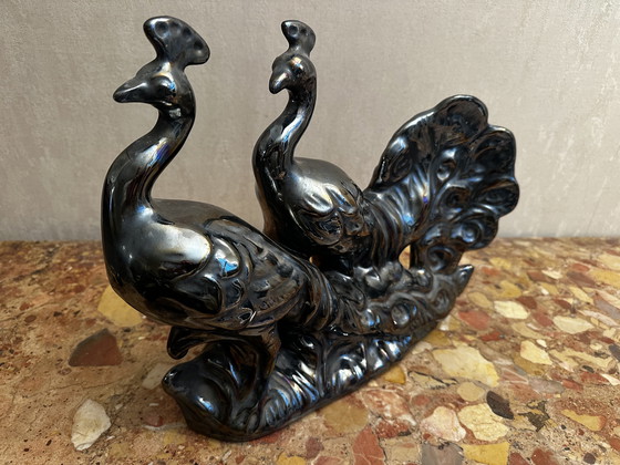 Image 1 of Coppia di Pavoni in ceramica nera iridescente - Attribuiti a Vallauris anni '70