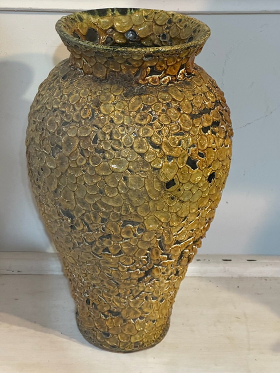 Large textured glazed ceramic vase, 60s/70s - H 40 cm, Yellow (photo 8 of 11)