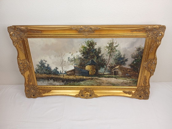 Image 1 of Beautiful Oil Painting by B.H. Slotman - Atmospheric Landscape with Baroque Frame