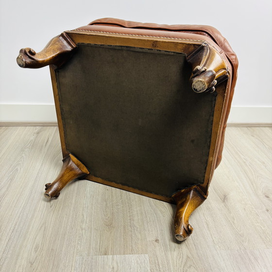 Image 1 of Vintage Queen Anne leather footstool with cabriole legs