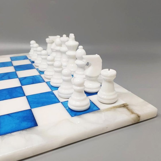 Image 1 of 1970s Gorgeous Sky Blue and White Chess Set in Volterra Alabaster Handmade. Made in Italy