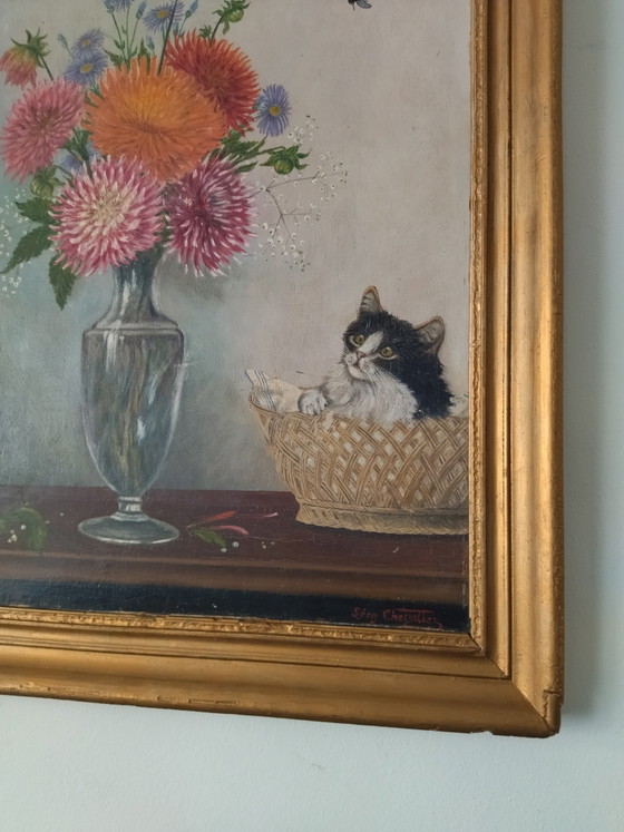 Antique Painting on Panel - Kitten and Flowers - Signed Léon Chevalier – Leon Chevalier, Paintings & Drawings (photo 3 of 10)