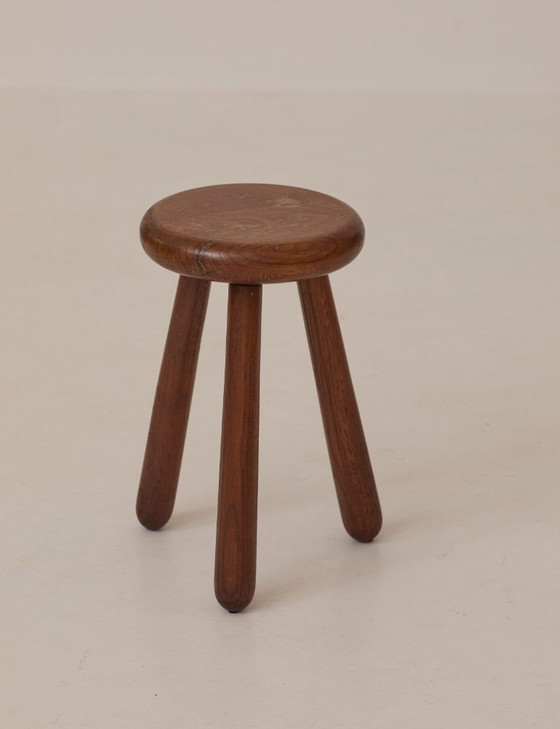 Image 1 of Vintage French tripod stool, brutalist style, made of solid wood, circa 1960