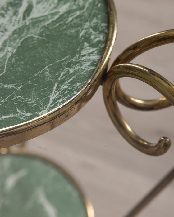 Vintage 1950s Italian-designed gold-plated brass and glass coffee table, Side tables, Green (photo 9 of 12)