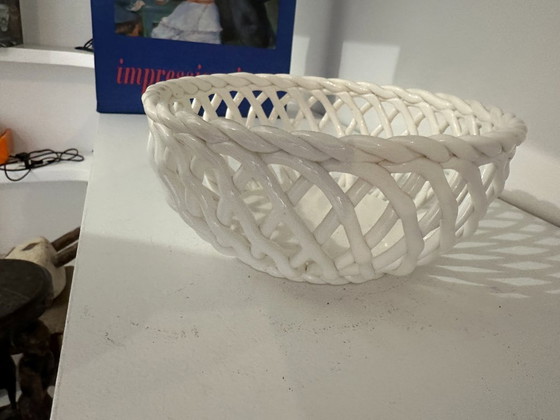Image 1 of Vintage openwork white ceramic basket - Woven style - 60s/70s