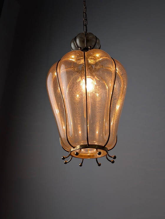Image 1 of Handgeblazen lantaarn van Murano-glas van Barovier & Toso met 24-karaats goud en messing, jaren 60.