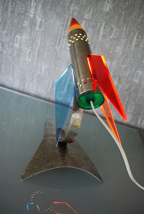 Image 1 of Rocket lamp, Red Yellow Blue made of stainless steel 1970s Space age, handmade