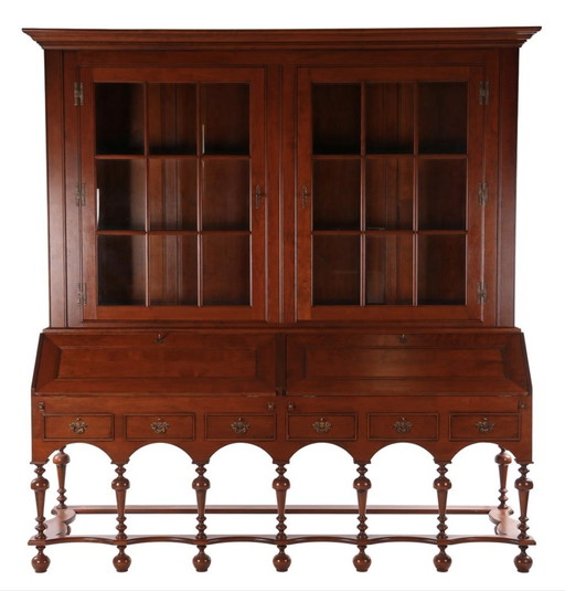 Classic English display cabinet, bookcase, secretaire 232 cm high, 222 cm wide, 62 cm deep.
