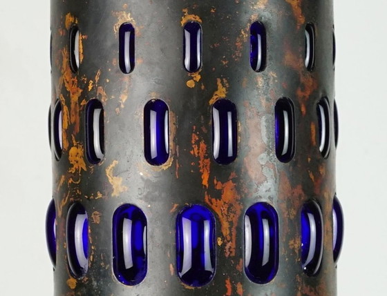 Image 1 of Lámpara colgante moderna de mediados de siglo en cobre flameado y vidrio azul, década de 1960