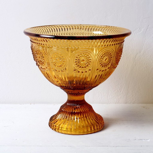 Mid-century Amber Honey Pedestal Bowl / Modern Vintage / Godinger / USA / 1990s