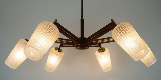 Image 1 of Lámpara de techo Sputnik de 8 luces, mediados de siglo, de teca, latón y vidrio, de la década de 1960