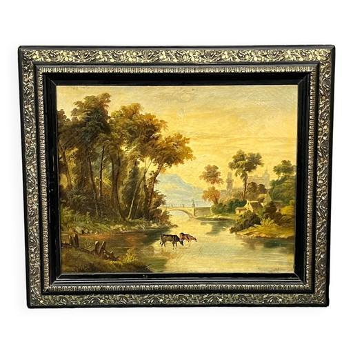 Oud Italiaans landschap. – schilderijen tekeningen, Canvas