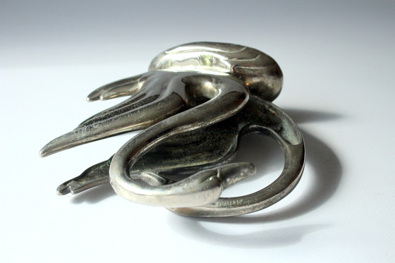 Image 1 of Servettenhouder - Servettenstandaard - Briefhouder - Verzilverd metaal - Zwaan - Vintage