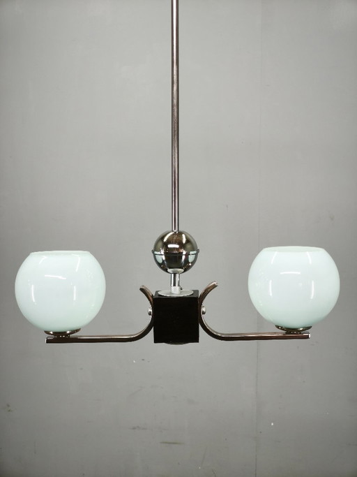 Art Deco Chrome and Opaline Glass Chandelier, Czechoslovakia, 1930s