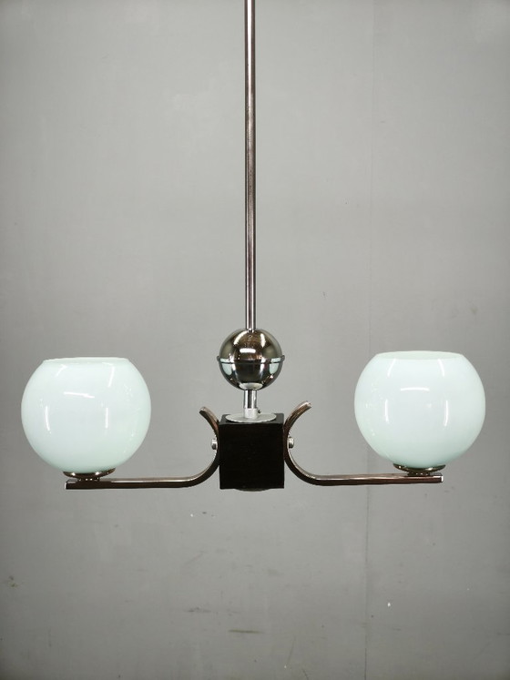Image 1 of Art Deco Chrome and Opaline Glass Chandelier, Czechoslovakia, 1930s