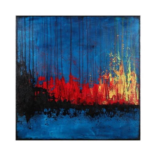 Contemporary abstract artwork in blue, red,black, yelow on stretched canvas