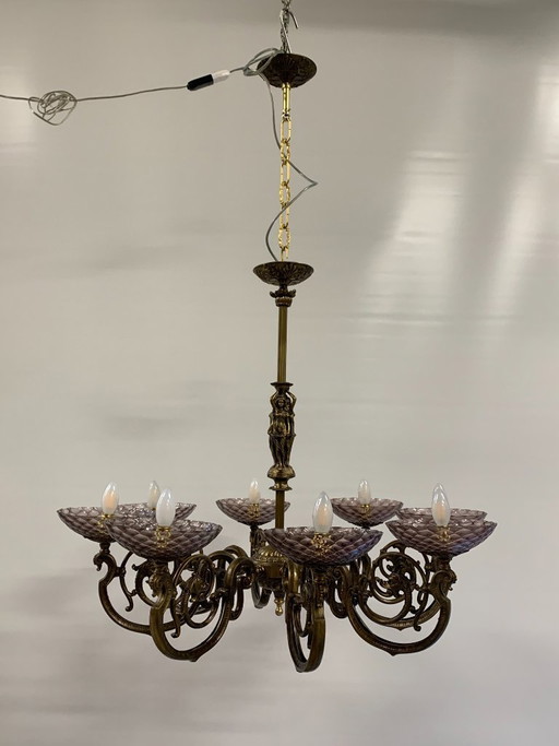 Vintage Murano glass chandelier by Seguso, signed in bronze and brass.