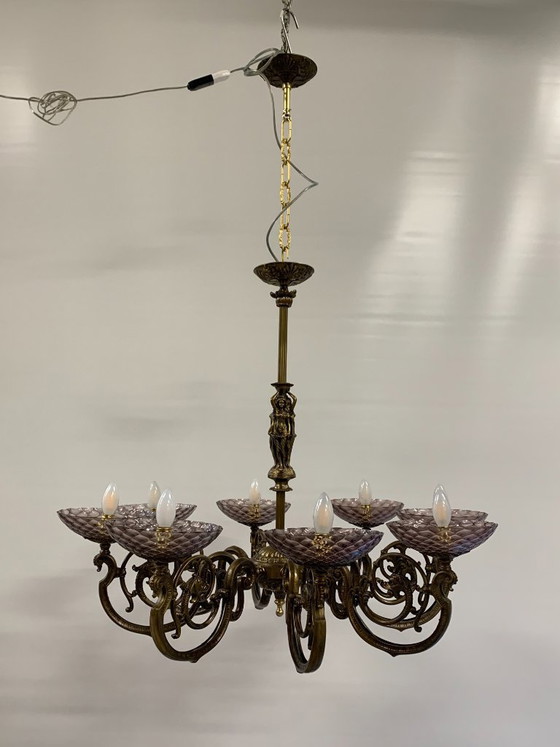 Image 1 of Vintage Murano glass chandelier by Seguso, signed in bronze and brass.