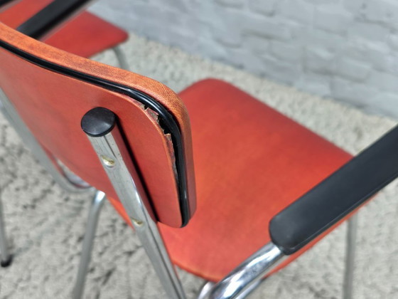 Image 1 of Set of 4 Vintage Design Chromed Frame Kitchen Chairs with Red Leatherette Upholstery. The Netherlands, 1960s