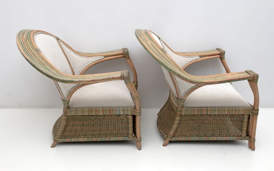Image 1 of Mid-century Modern Italian Rattan and Wicker Two Armchairs and Sofa, 1970s