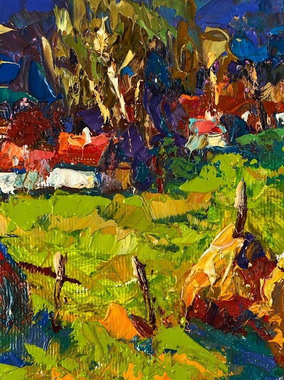 Image 1 of Dipinto ad olio originale Paesaggio rurale Natura Covoni di fieno fuori dal villaggio