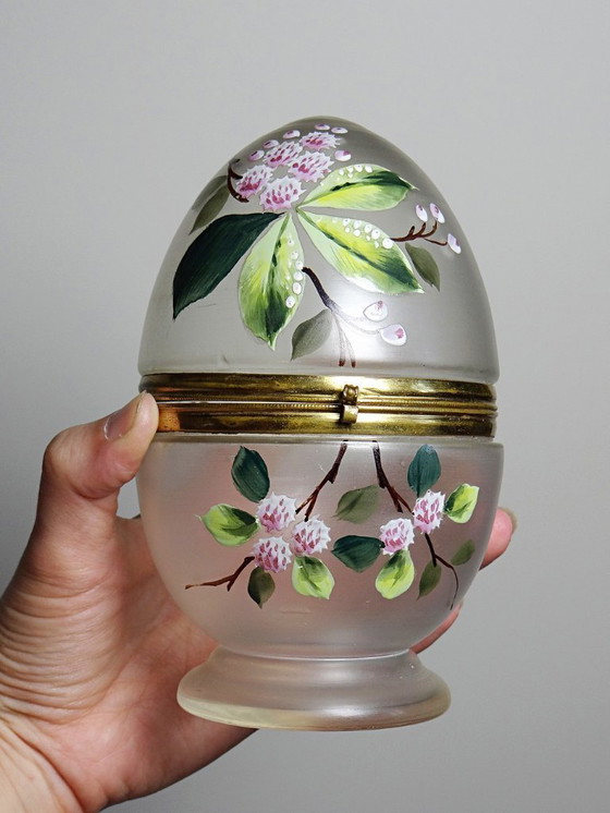 Image 1 of Boite oeuf verre givré émaillé et laiton ancien XIX-XXe