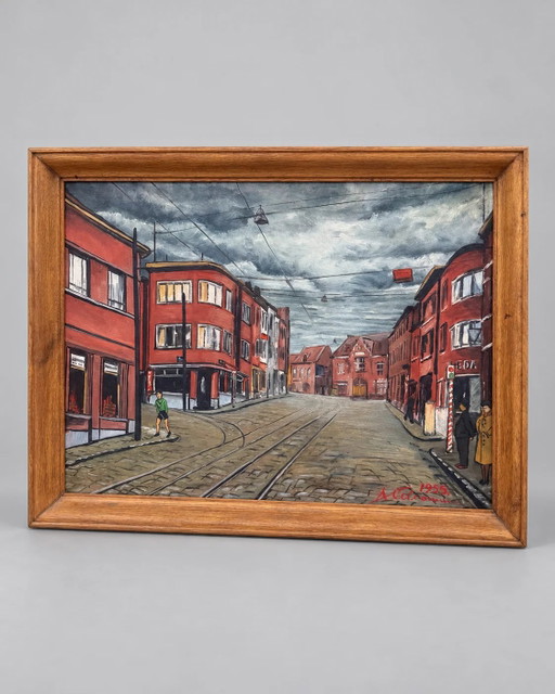 Diestsesteenweg, Louvain – Huile sur toile signée, 1955
