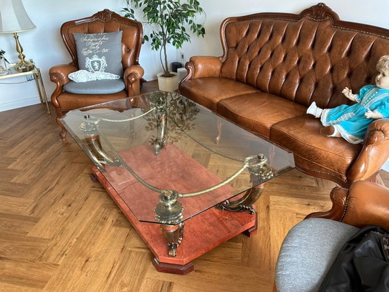 Glass and wood coffee table with golden accents, Metal, Transparent, Klassiek (photo 2 of 5)