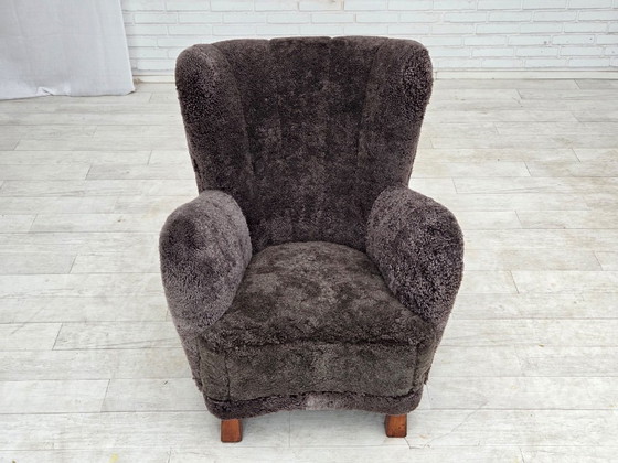 1960s, Danish design, reupholstered armchair, genuine sheepskin., Other, Brown (photo 16 of 20)