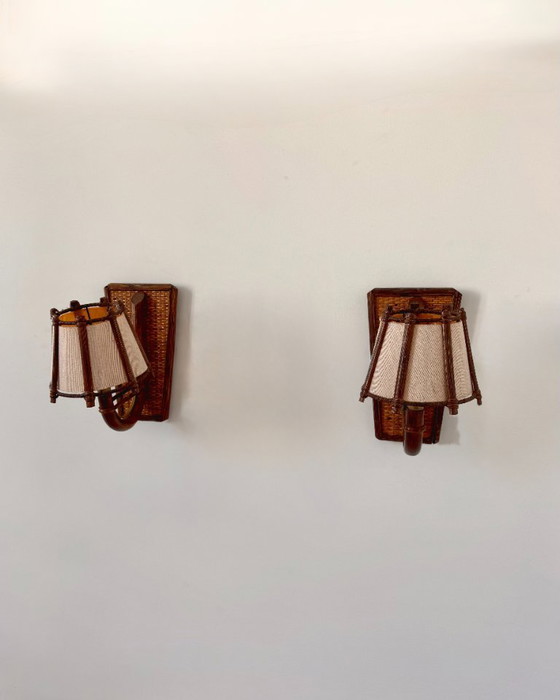 Paar vintage Wandlampen van hout en beige kap, Frankrijk 1960 – Textile (photo 2 of 7)