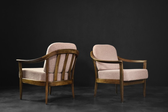 Image 1 of Mid-Century German Modern Elegante Kirschholz- und schmutzigrosa Stoffsessel von Wilhelm Knoll, 1970er Jahre, 2er-Set
