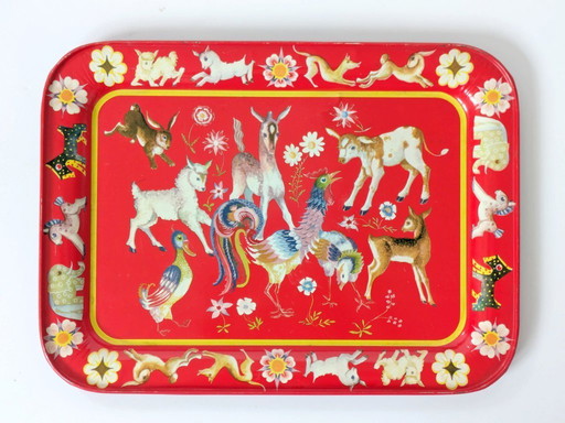 Vassoio in metallo rosso di metà secolo | Stile folk scandinavo | Decorazioni natalizie