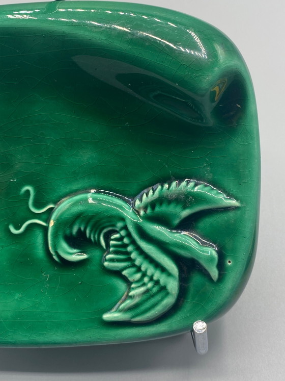 Mid Century Emerald Green Ceramic Ashtray – Embossed Bird – Vallauris Style – Crockery, Mid Century Modern (photo 2 of 6)
