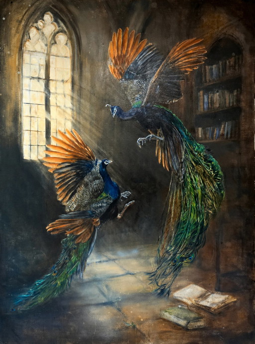 Oil painting with peacocks – schilderijen tekeningen, Canvas