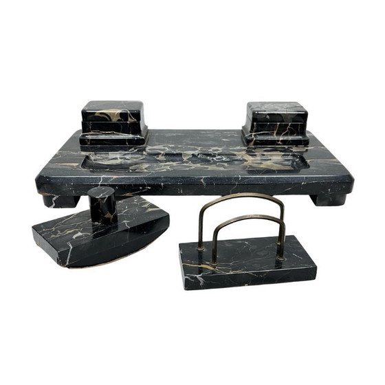Image 1 of Art Deco Executive Desk Set, Italian Portoro Marble, 1930s, Good Condition.