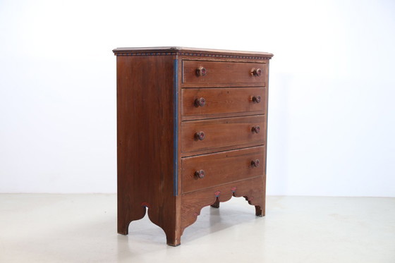 Image 1 of Antique Vintage pine chest of drawers with painted details from the 19th century