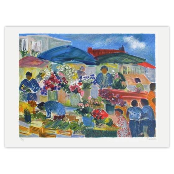 Image 1 of Nancy DELOUIS Scène de marché Signed lithograph 1990