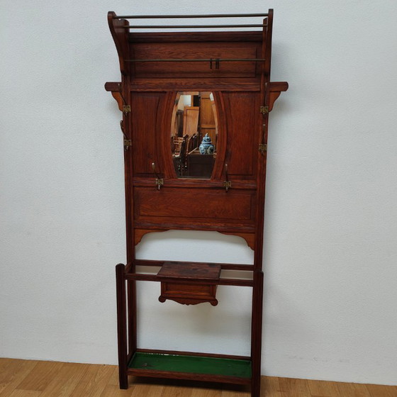 Image 1 of Porte-manteau ancien, porte-manteau sur pied avec miroir, mobilier d'entrée