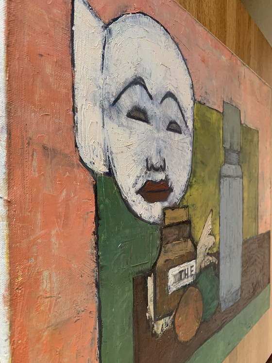 Image 1 of Tableau vintage 1966 “Maskerade” – Walter Wynn – art moderniste signé – 60×50 cm