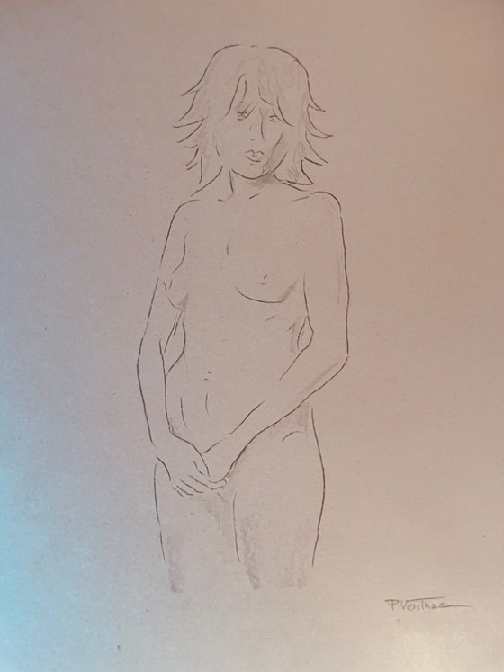Image 1 of Signed drawing of a female nude, "sketch in notebook, hands down," on antique cardboard