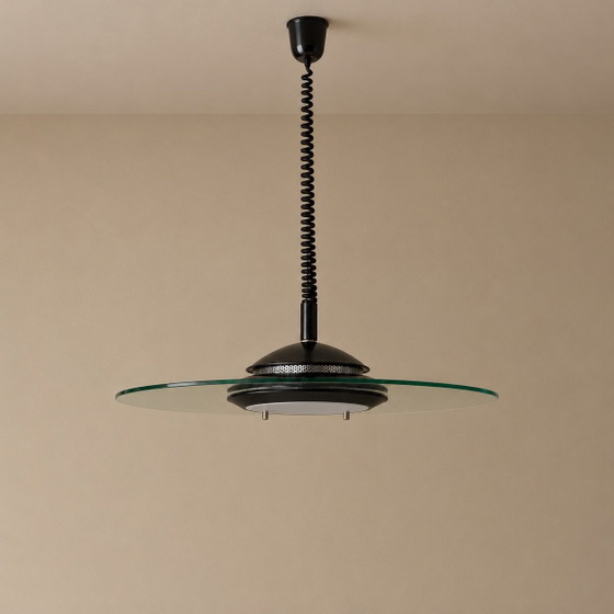 Vintage mid century UFO-Pendant lamp, round glass disc, Aluminium, Black (photo 2 of 11)