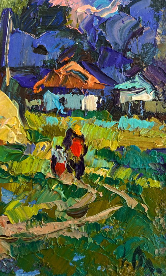 Image 1 of Original Oil Painting Summer Village Landscape House near the forest