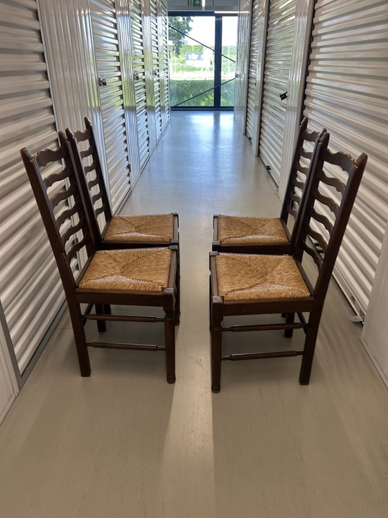 4 Antieke houten eetkamerstoelen met rieten zitting – Rattan, Wood (photo 10 of 14)