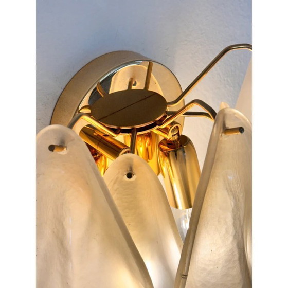 Image 1 of Set van twee eigentijdse, moderne, geschuurde champagnekleurige “Rondini” Murano wandlampen.