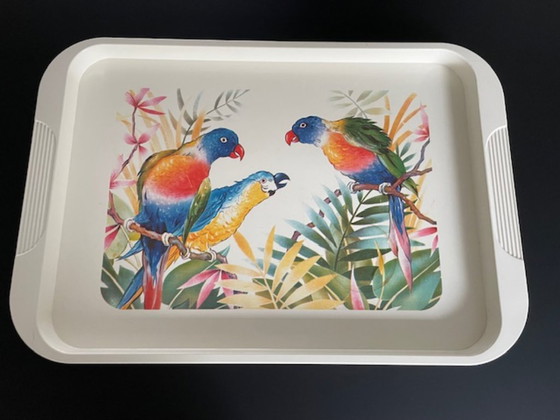 Vintage Emsa dienblad met papegaaien 50 cm, Tafelaccessoires, Kunststof, Meerdere kleuren (foto 2 van 13)