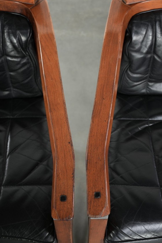 Image 1 of Ensemble de 4 chaises de salle à manger de luxe en cuir noir, design Art déco, par Schuitema