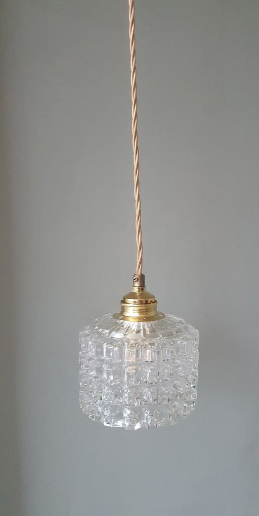 Lampada a sospensione vintage di metà secolo in vetro trasparente con motivo a griglia