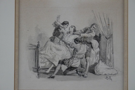 Image 1 of Pain. Black and white engraving, marquetry wood frame