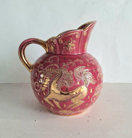 Image 1 of Brocca in ceramica d'epoca Jemappes Faïencerie Belgio con favolosi animali e motivi floreali.