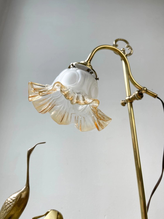 Coppia lampade da scrivania Art Déco collo di cigno – Ottone dorato e paralume in vetro anni '20/'30 – (photo 10 of 11)
